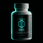 VIGORYS SEED Synbiotic Capsules 60-count bottle - 40 billion CFU probiotic with MAKTREK bypass technology for gut colonization, featuring minimalist black packaging with teal accent and NEXUS protocol designation