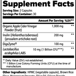 VIGORYS LEVEL Metabolic Primer supplement facts panel showing 1000mg Organic Apple Cider Vinegar, 200mg Inulin prebiotic, 100mg DigeZyme enzyme complex, and 1 Billion CFU Lactobacillus acidophilus LA85 per 2-capsule serving, 30 servings per container