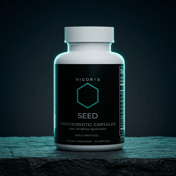 VIGORYS SEED Synbiotic Capsules 60-count bottle - 40 billion CFU probiotic with MAKTREK bypass technology for gut colonization, featuring minimalist black packaging with teal accent and NEXUS protocol designation. The container is on a slate surface. 